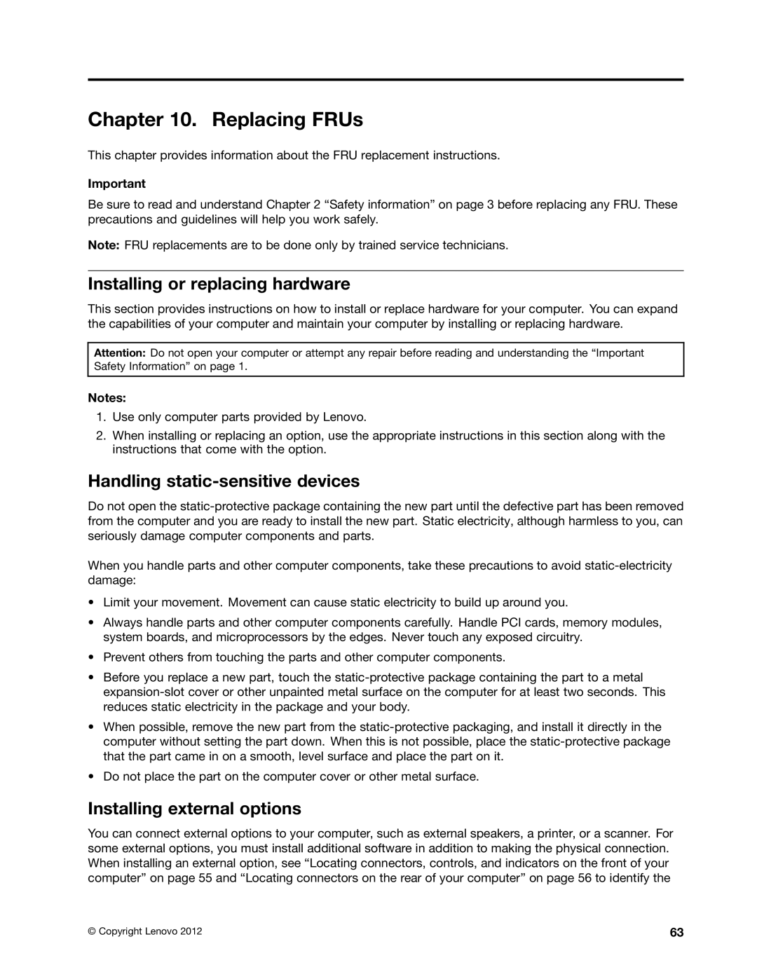 Lenovo 4223, 4228, 4229 manual Replacing FRUs, Installing or replacing hardware, Handling static-sensitive devices 