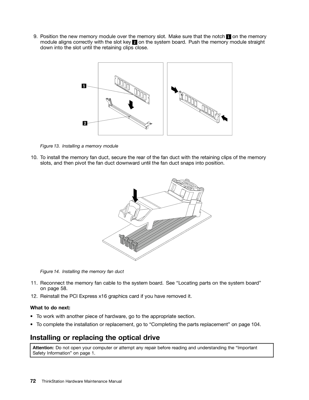 Lenovo 4223, 4228, 4229 manual Installing or replacing the optical drive, Installing a memory module 