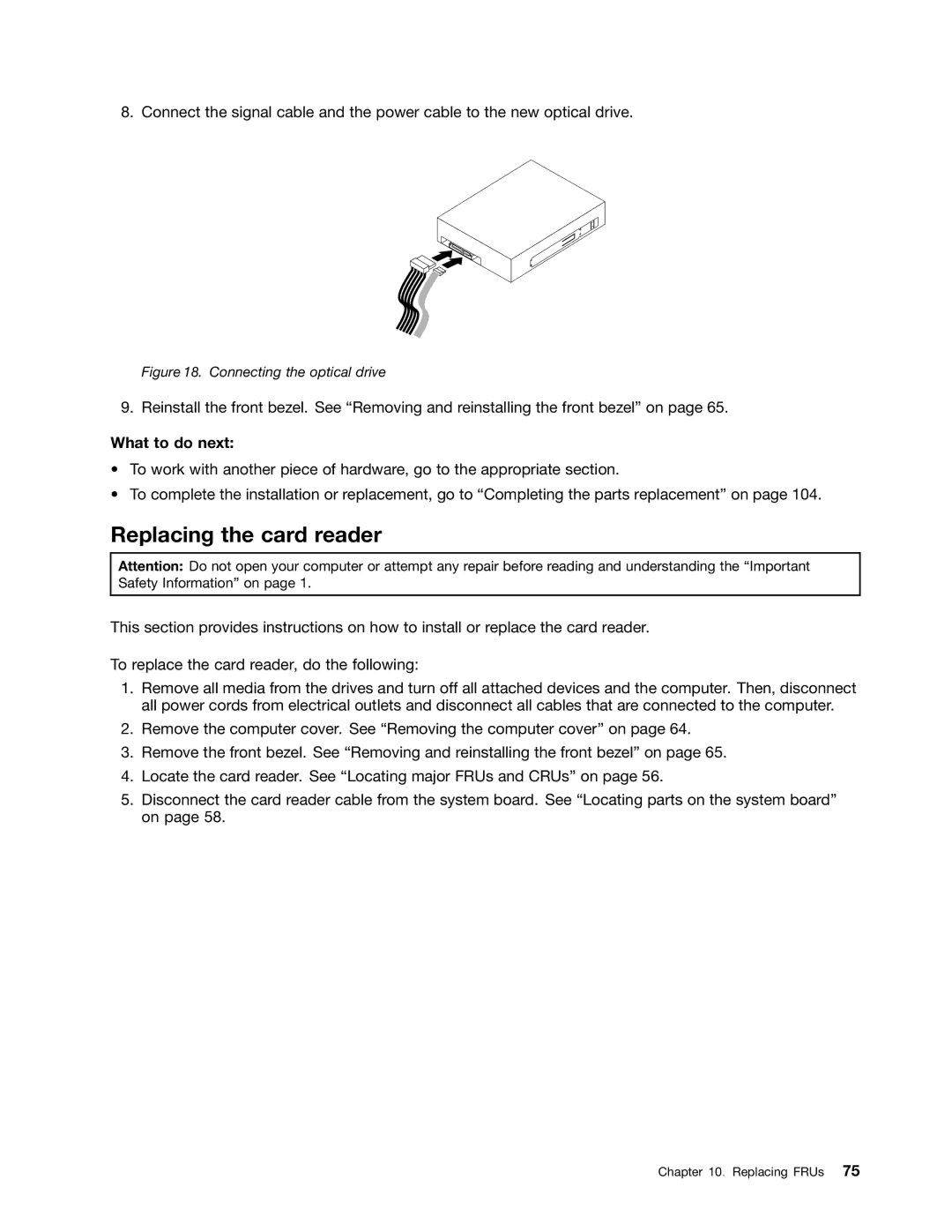 Lenovo 4223, 4228, 4229 manual Replacing the card reader, Connecting the optical drive 