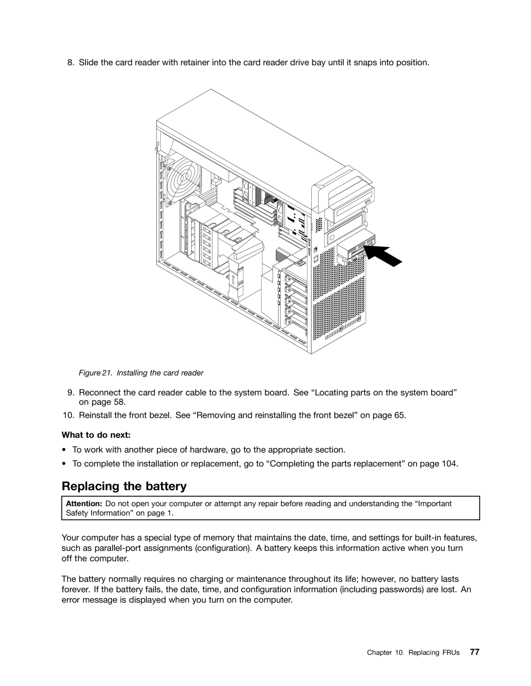 Lenovo 4229, 4223, 4228 manual Replacing the battery, Installing the card reader 