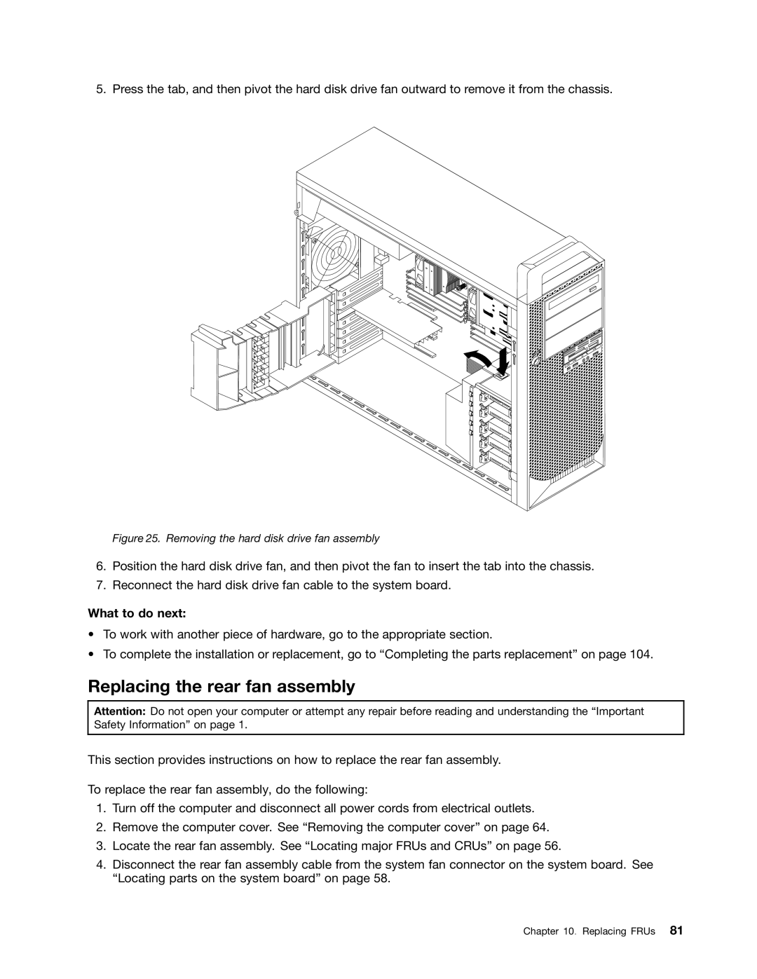 Lenovo 4223, 4228, 4229 manual Replacing the rear fan assembly, Removing the hard disk drive fan assembly 