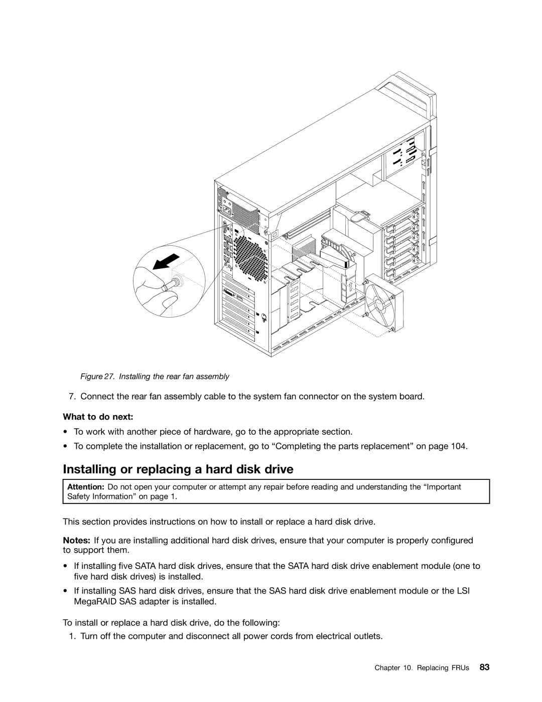 Lenovo 4229, 4223, 4228 manual Installing or replacing a hard disk drive, Installing the rear fan assembly 