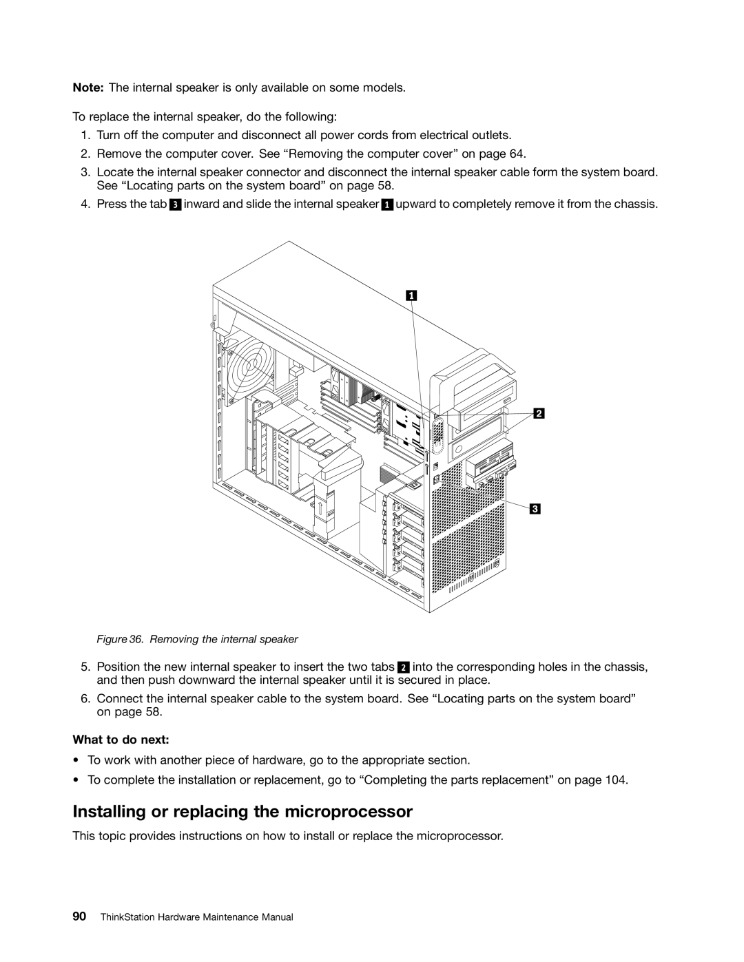 Lenovo 4223, 4228, 4229 manual Installing or replacing the microprocessor, Removing the internal speaker 