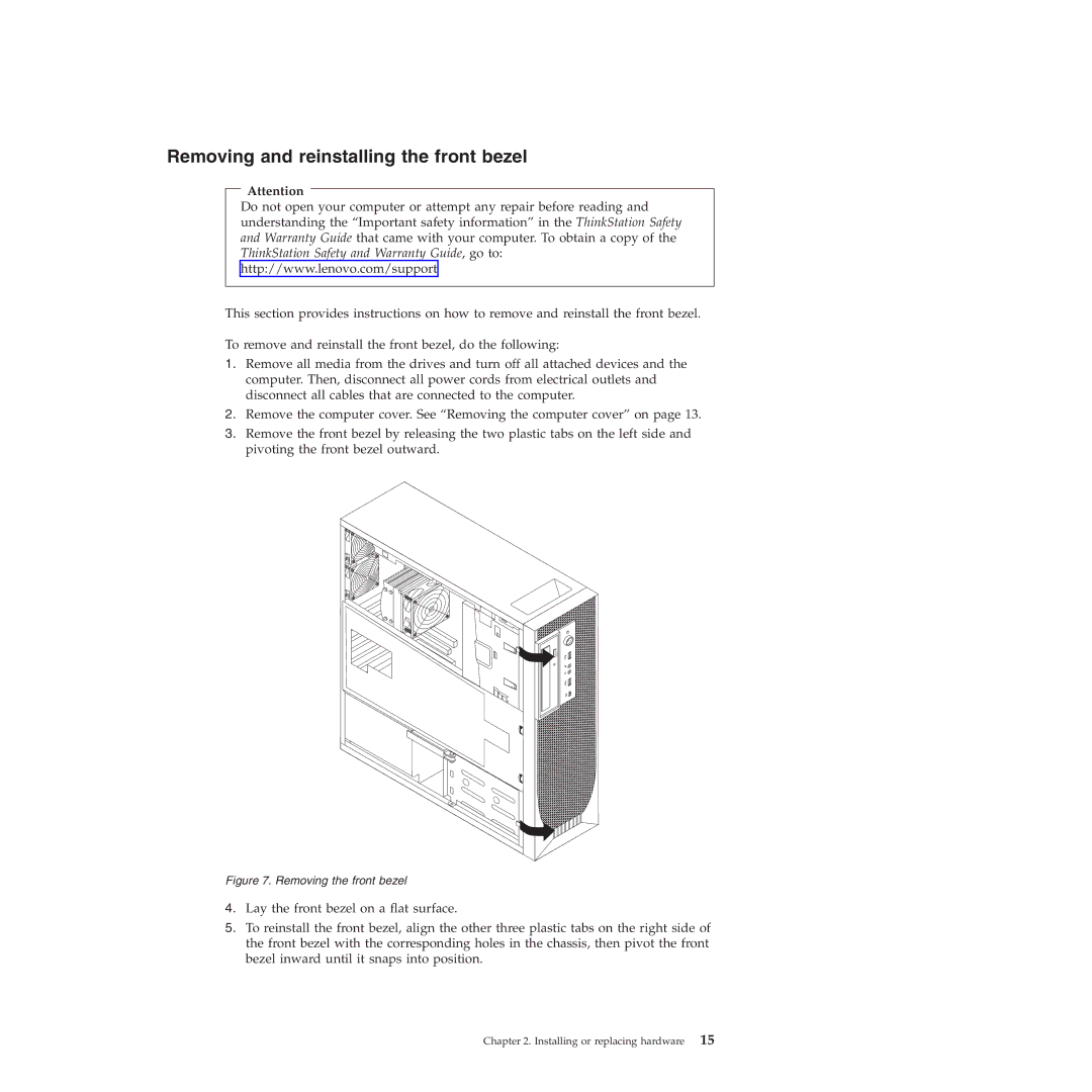 Lenovo 4269, 4271, 4272, 4265, 4264, 4266, 4263 manual Removing and reinstalling the front bezel, Removing the front bezel 