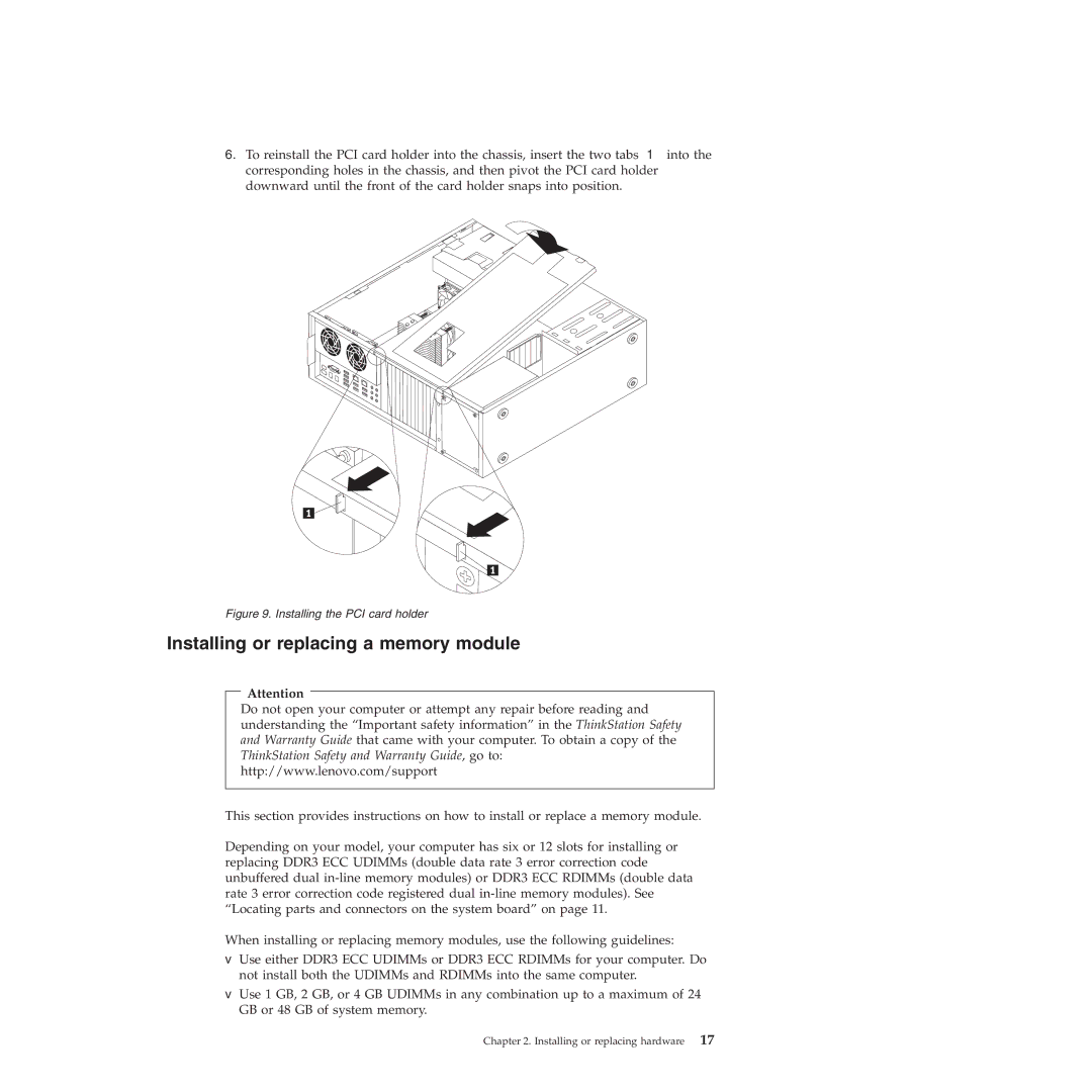 Lenovo 4264, 4271, 4272, 4269, 4265, 4266, 4263 manual Installing or replacing a memory module, Installing the PCI card holder 