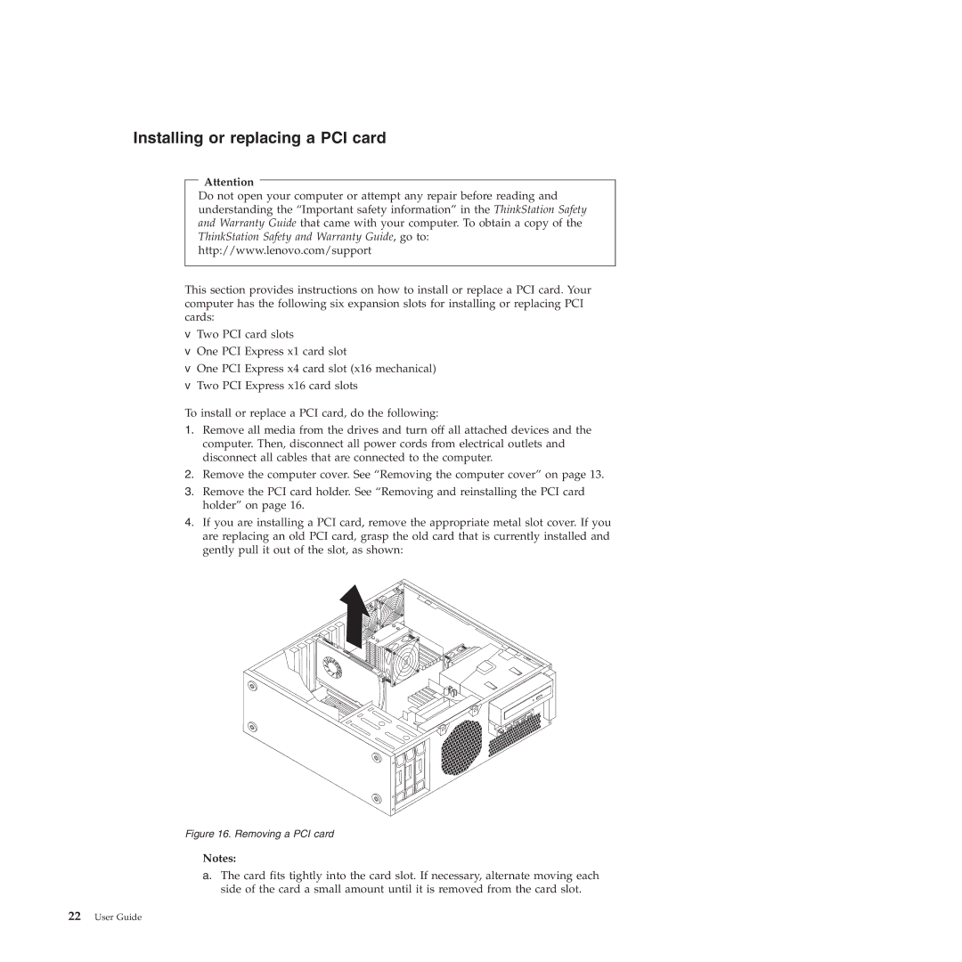 Lenovo 4269, 4271, 4272, 4265, 4264, 4266, 4263 manual Installing or replacing a PCI card, Removing a PCI card 