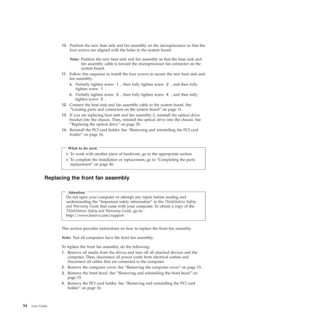 Lenovo 4271, 4272, 4269, 4265, 4264, 4266, 4263 manual Replacing the front fan assembly, What to do next 