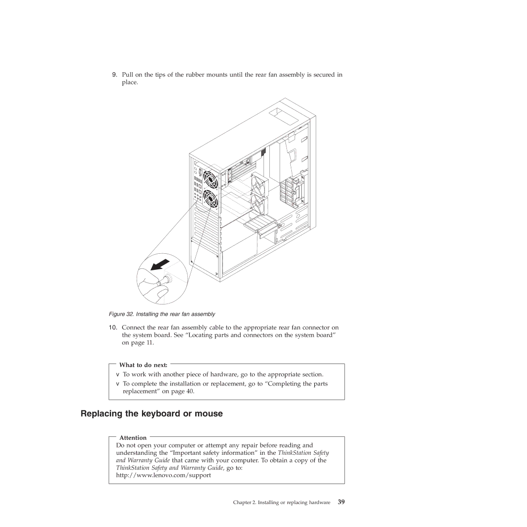 Lenovo 4266, 4271, 4272, 4269, 4265, 4264, 4263 manual Replacing the keyboard or mouse, Installing the rear fan assembly 