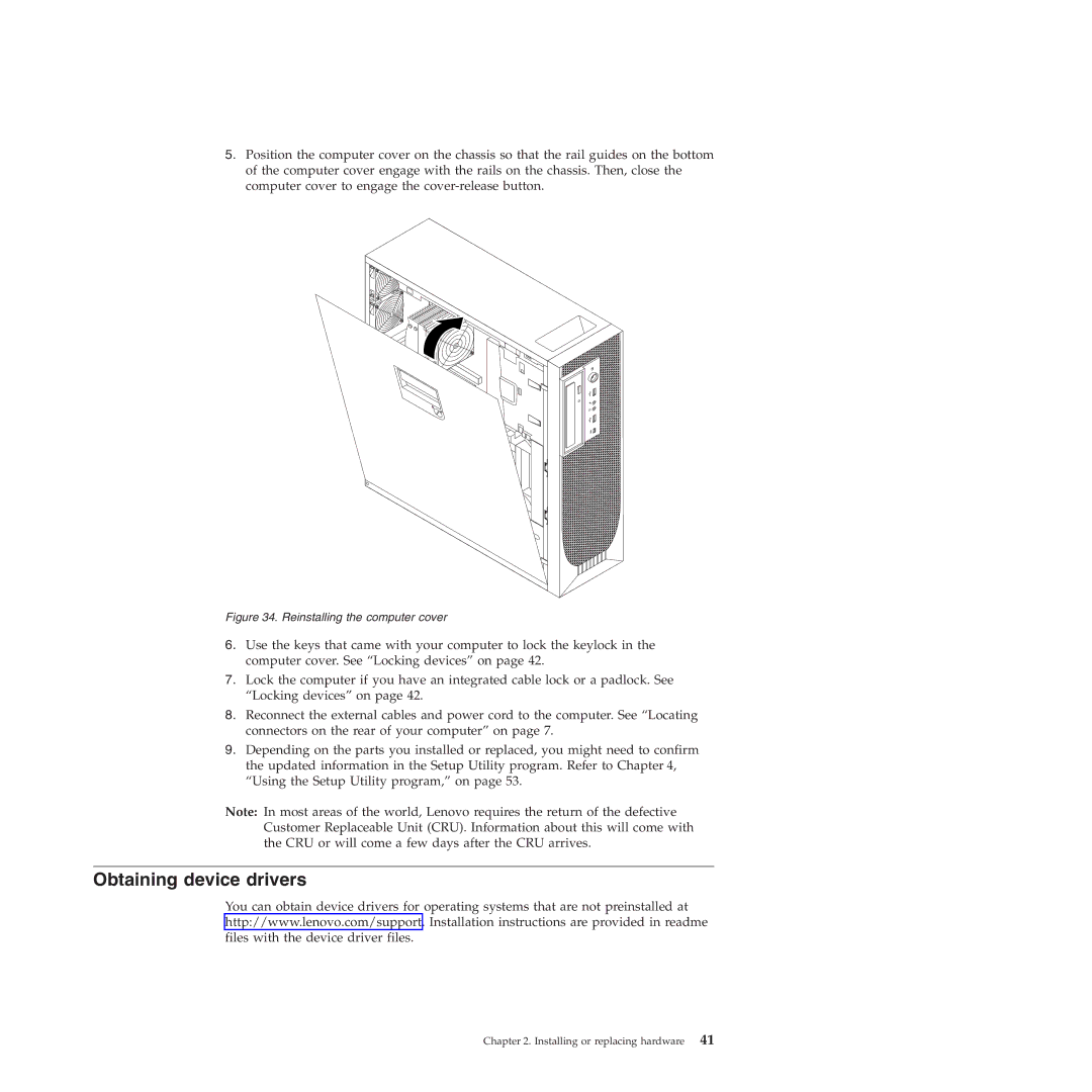 Lenovo 4271, 4272, 4269, 4265, 4264, 4266, 4263 manual Obtaining device drivers, Reinstalling the computer cover 