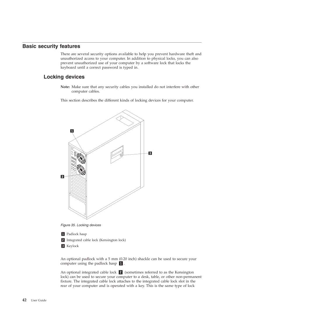 Lenovo 4272, 4271, 4269, 4265, 4264, 4266, 4263 manual Basic security features, Locking devices 