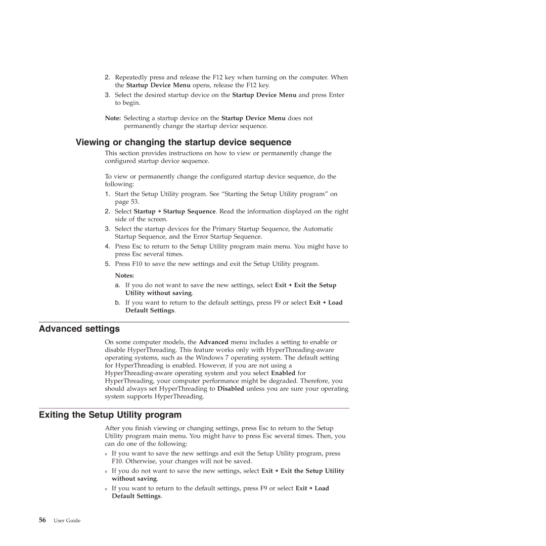 Lenovo 4272, 4271 Viewing or changing the startup device sequence, Advanced settings, Exiting the Setup Utility program 