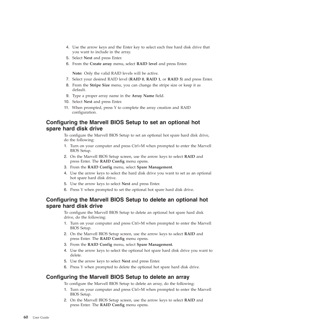 Lenovo 4266 Configuring the Marvell Bios Setup to delete an array, From the RAID Config menu, select Spare Management 