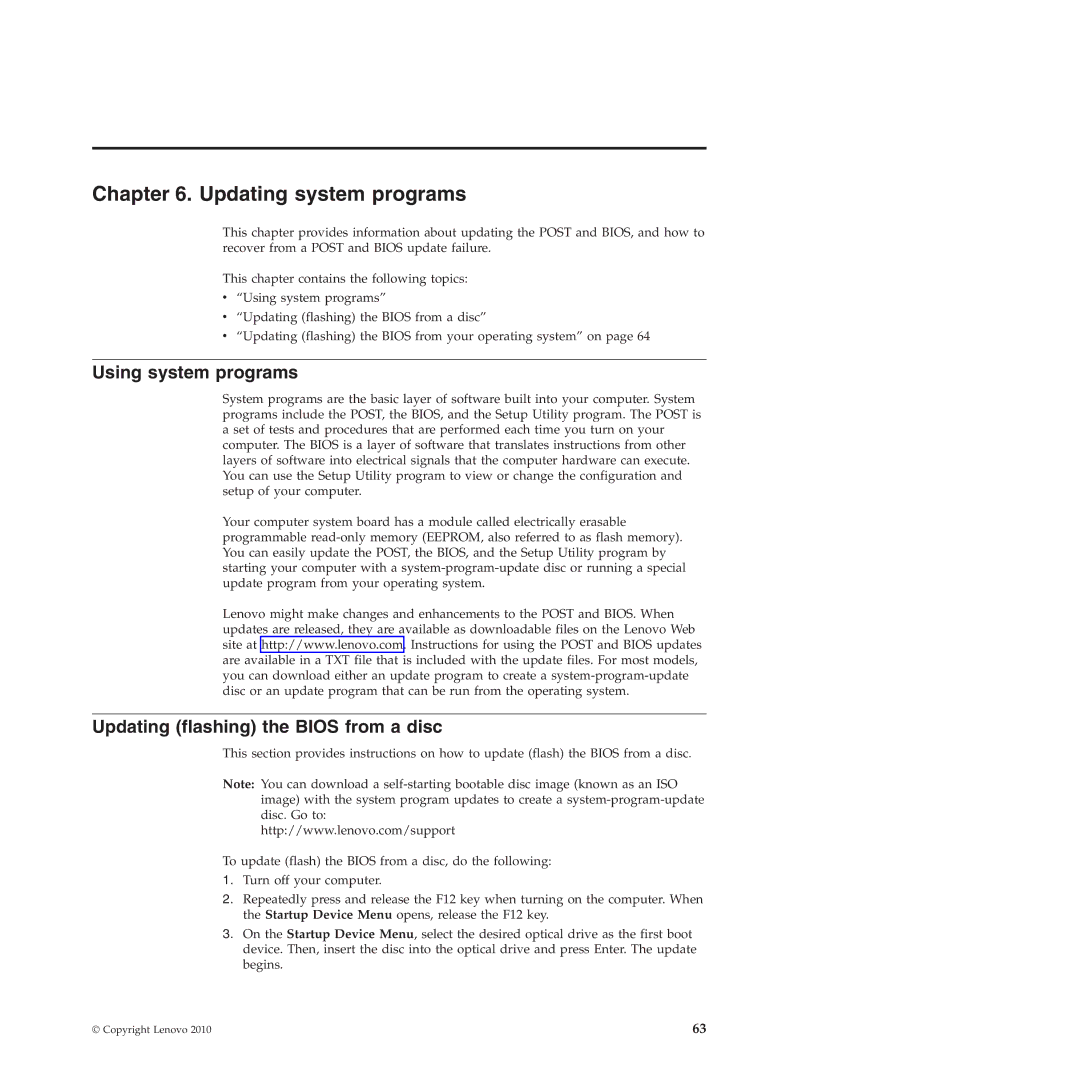 Lenovo 4272, 4271, 4269, 4265, 4264 Updating system programs, Using system programs, Updating flashing the Bios from a disc 