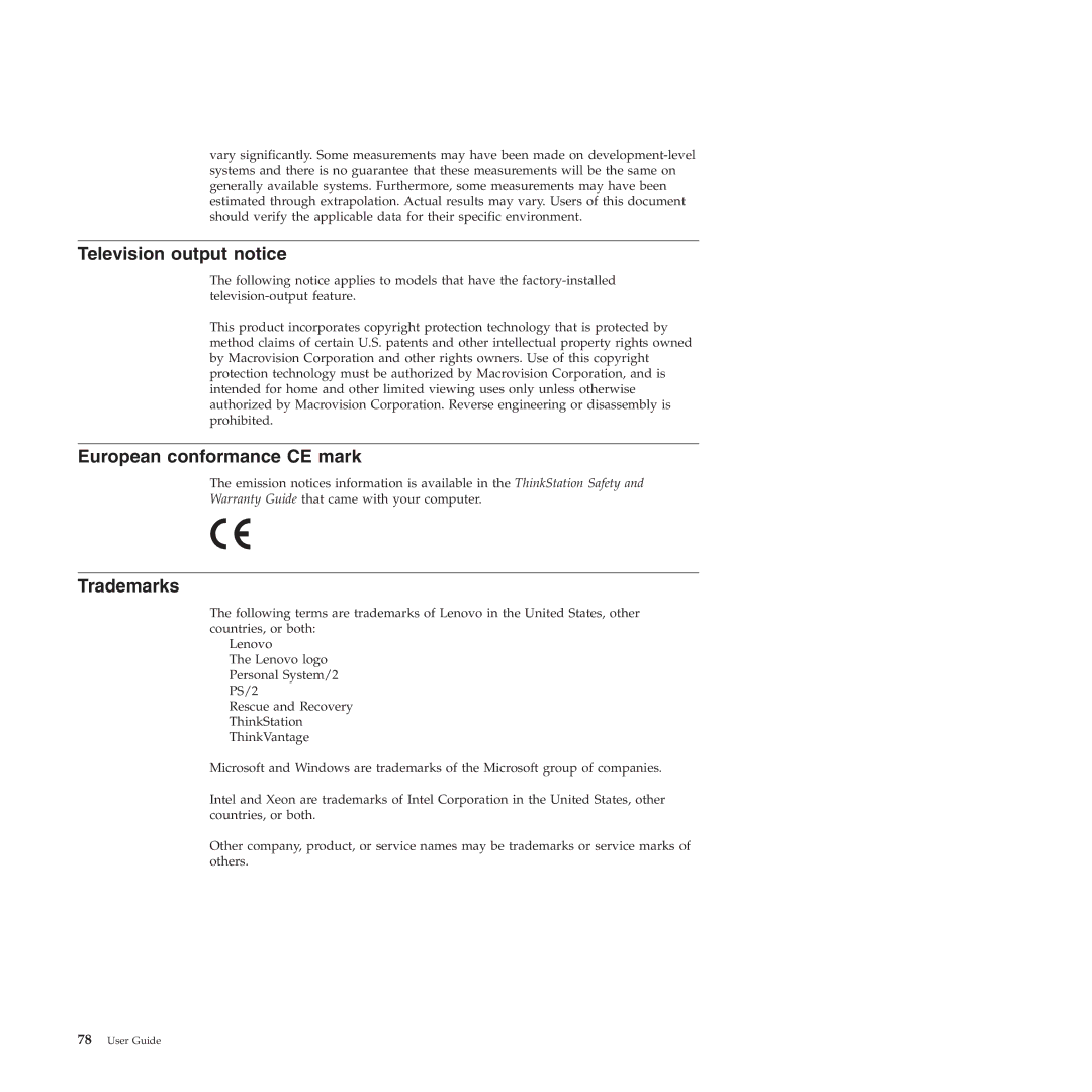 Lenovo 4269, 4271, 4272, 4265, 4264, 4266, 4263 manual Television output notice, European conformance CE mark, Trademarks 