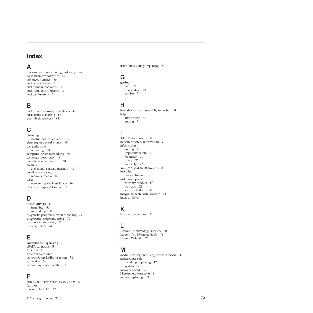 Lenovo 4265, 4271, 4272, 4269, 4264, 4266, 4263 manual Index, Cru 