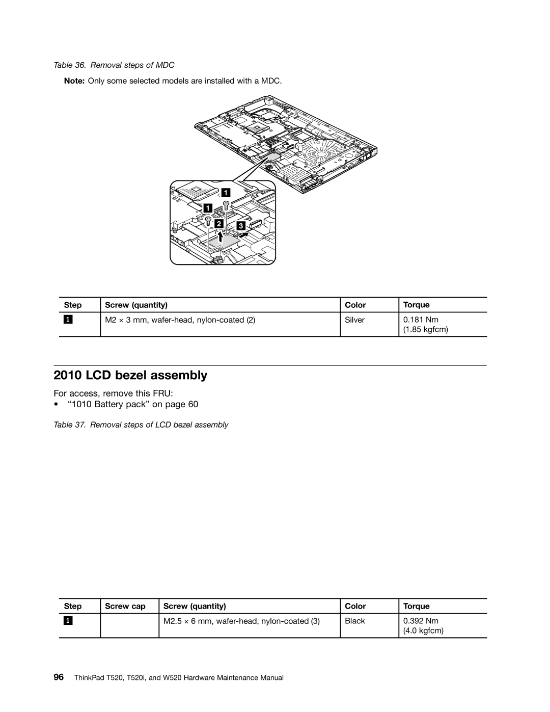 Lenovo 4284WW9PC10B371, W520, T520i manual LCD bezel assembly, Step Screw cap Screw quantity Color Torque 