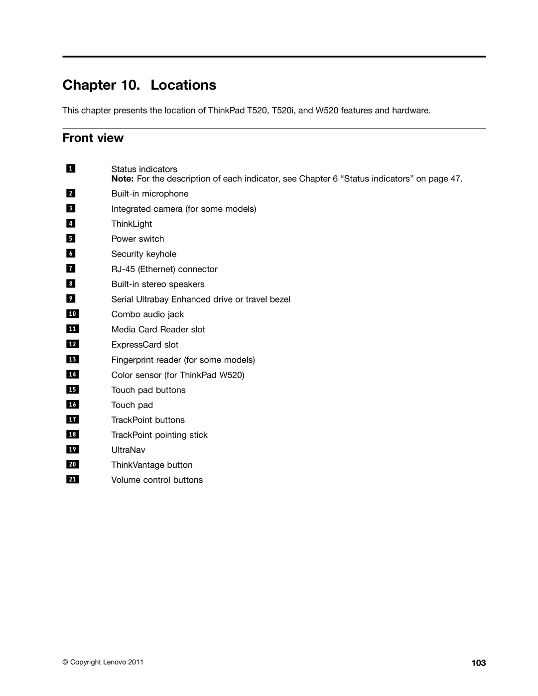 Lenovo T520i, 4284WW9PC10B371, W520 manual Locations, Front view 