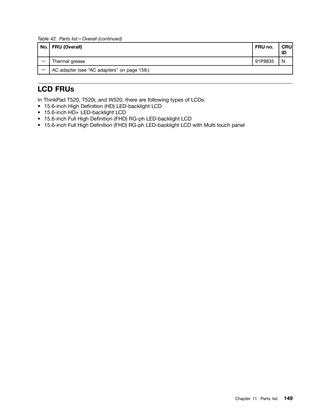 Lenovo W520, 4284WW9PC10B371, T520i manual LCD FRUs 