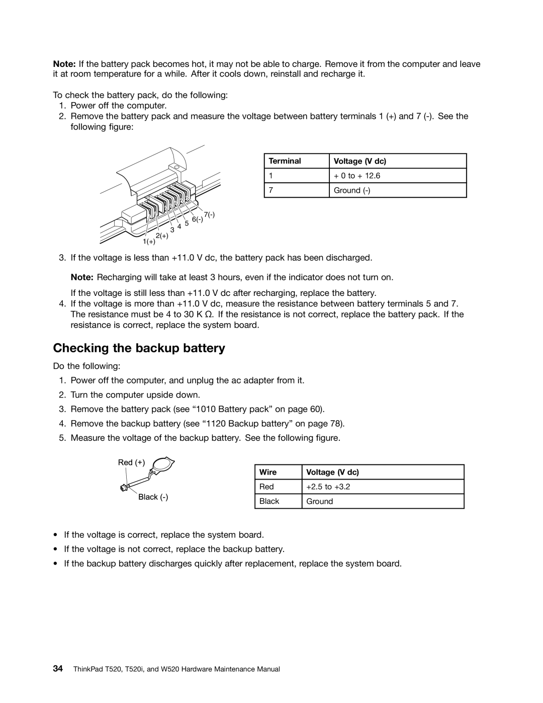 Lenovo 4284WW9PC10B371, W520, T520i manual Checking the backup battery, Terminal Voltage V dc, Wire Voltage V dc 