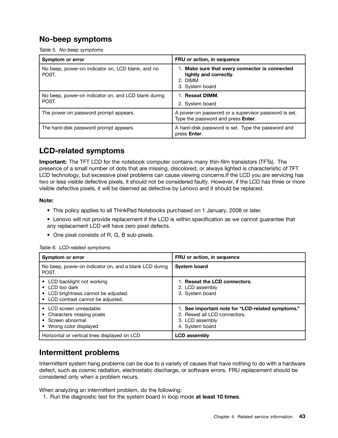 Lenovo T520i, 4284WW9PC10B371, W520 manual No-beep symptoms, LCD-related symptoms, Intermittent problems 