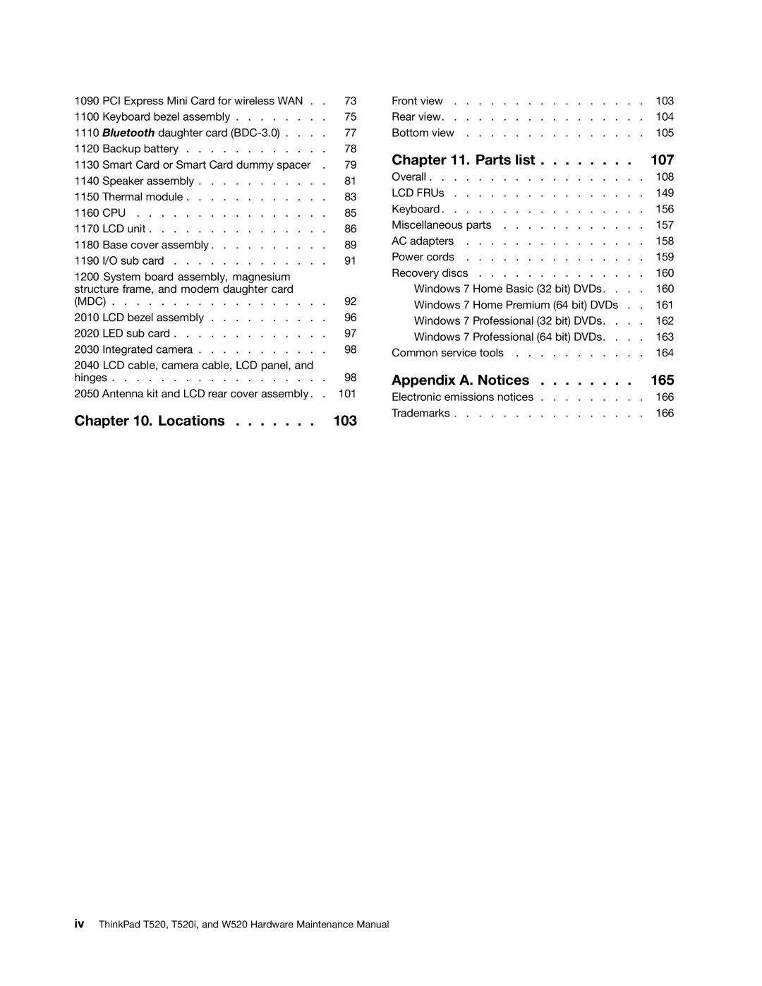 Lenovo 4284WW9PC10B371, W520, T520i manual Locations 