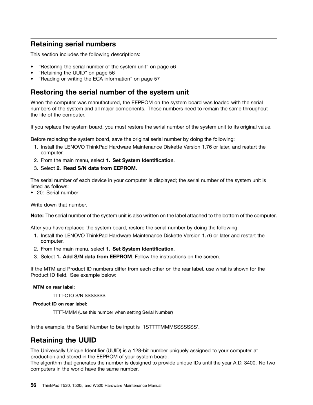 Lenovo 4284WW9PC10B371, W520 Retaining serial numbers, Restoring the serial number of the system unit, Retaining the Uuid 