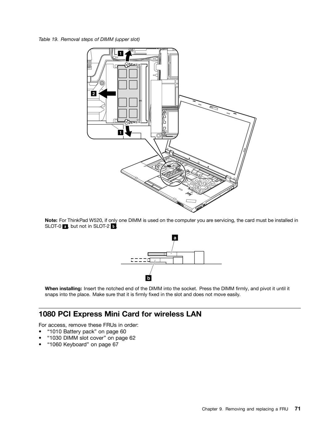 Lenovo T520i, 4284WW9PC10B371, W520 manual PCI Express Mini Card for wireless LAN, Removal steps of Dimm upper slot 