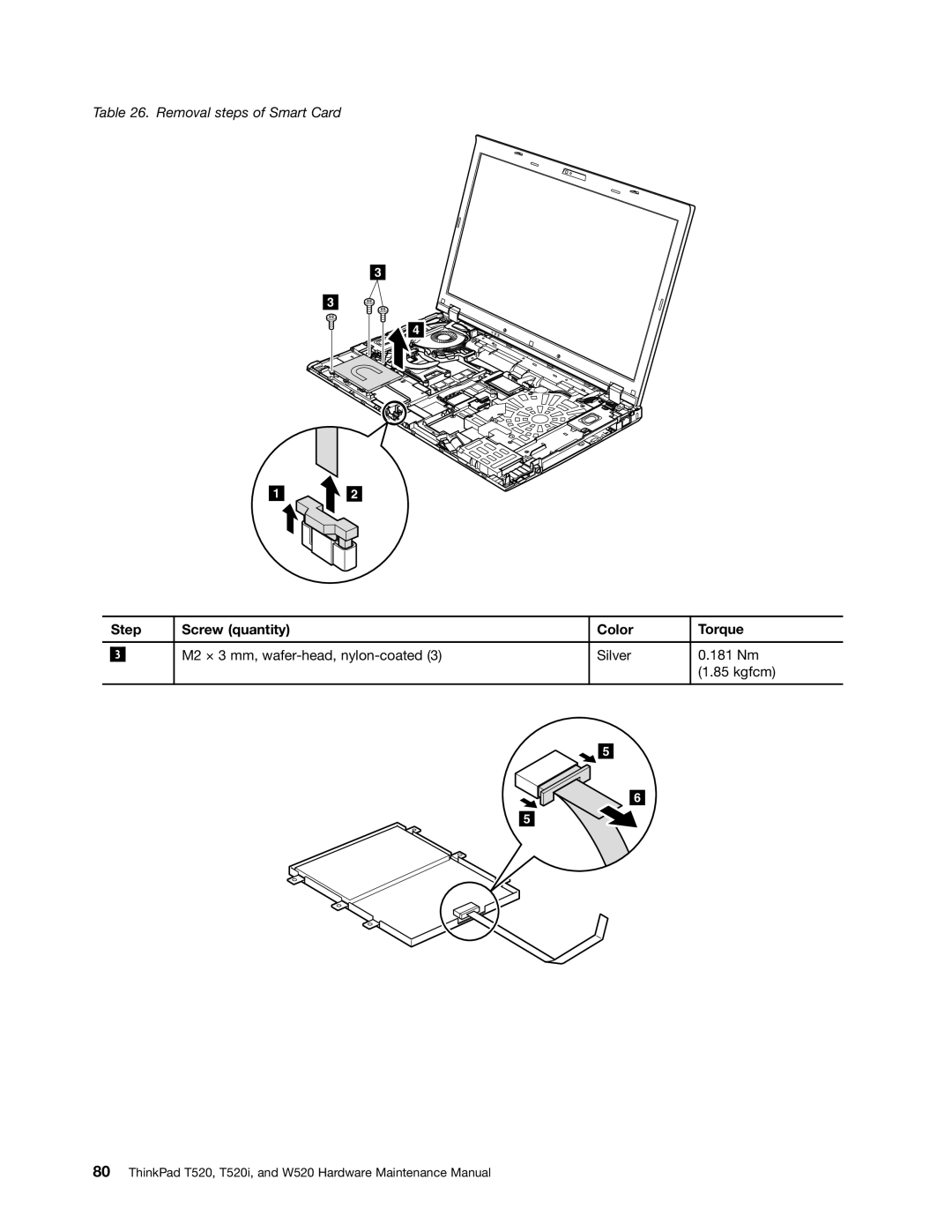 Lenovo 4284WW9PC10B371, W520, T520i manual Removal steps of Smart Card 