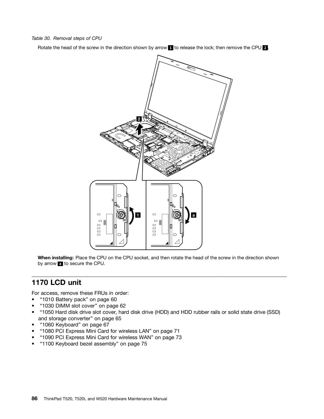 Lenovo 4284WW9PC10B371, W520, T520i manual LCD unit, Removal steps of CPU 