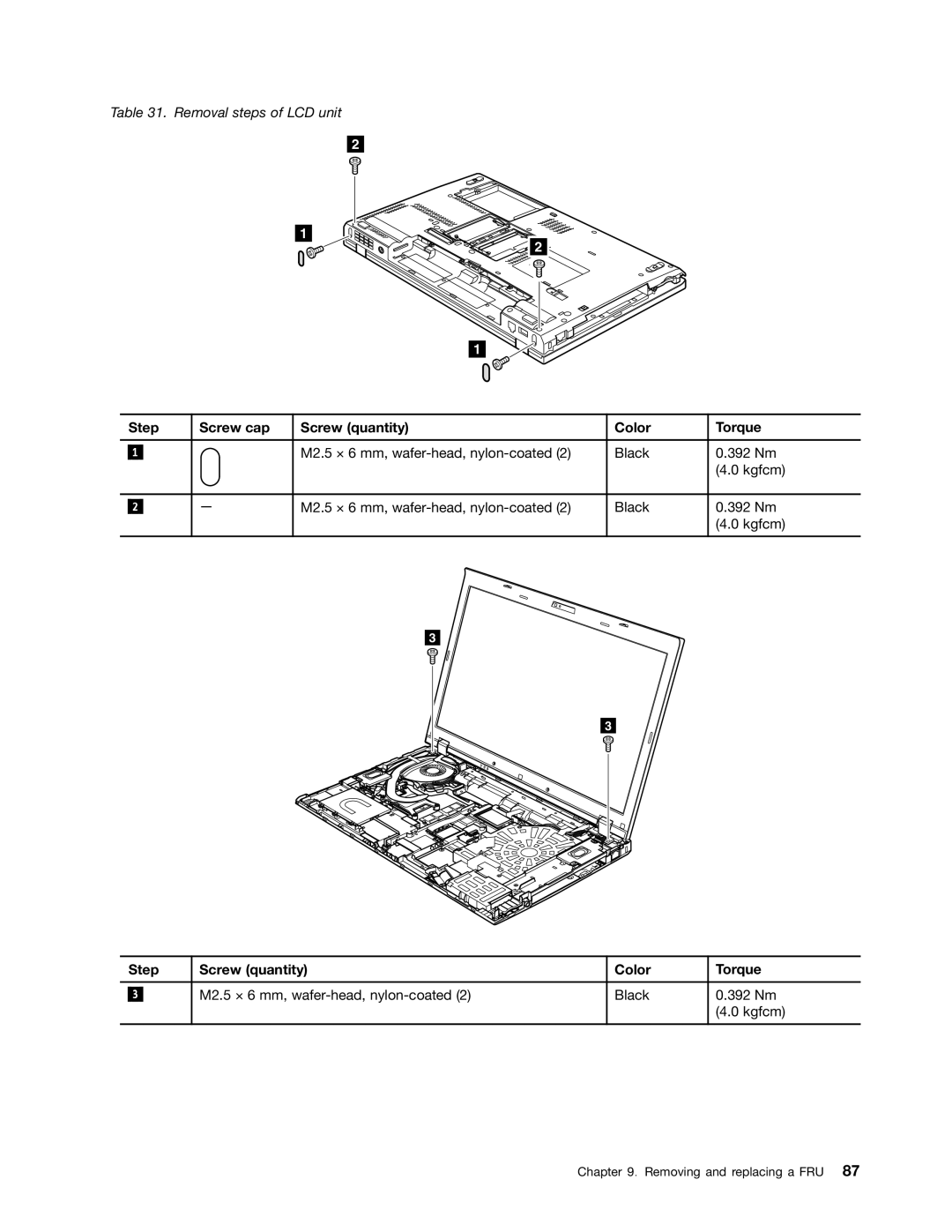 Lenovo T520i, 4284WW9PC10B371, W520 manual Step Screw cap Screw quantity Color Torque, Step Screw quantity Color Torque 