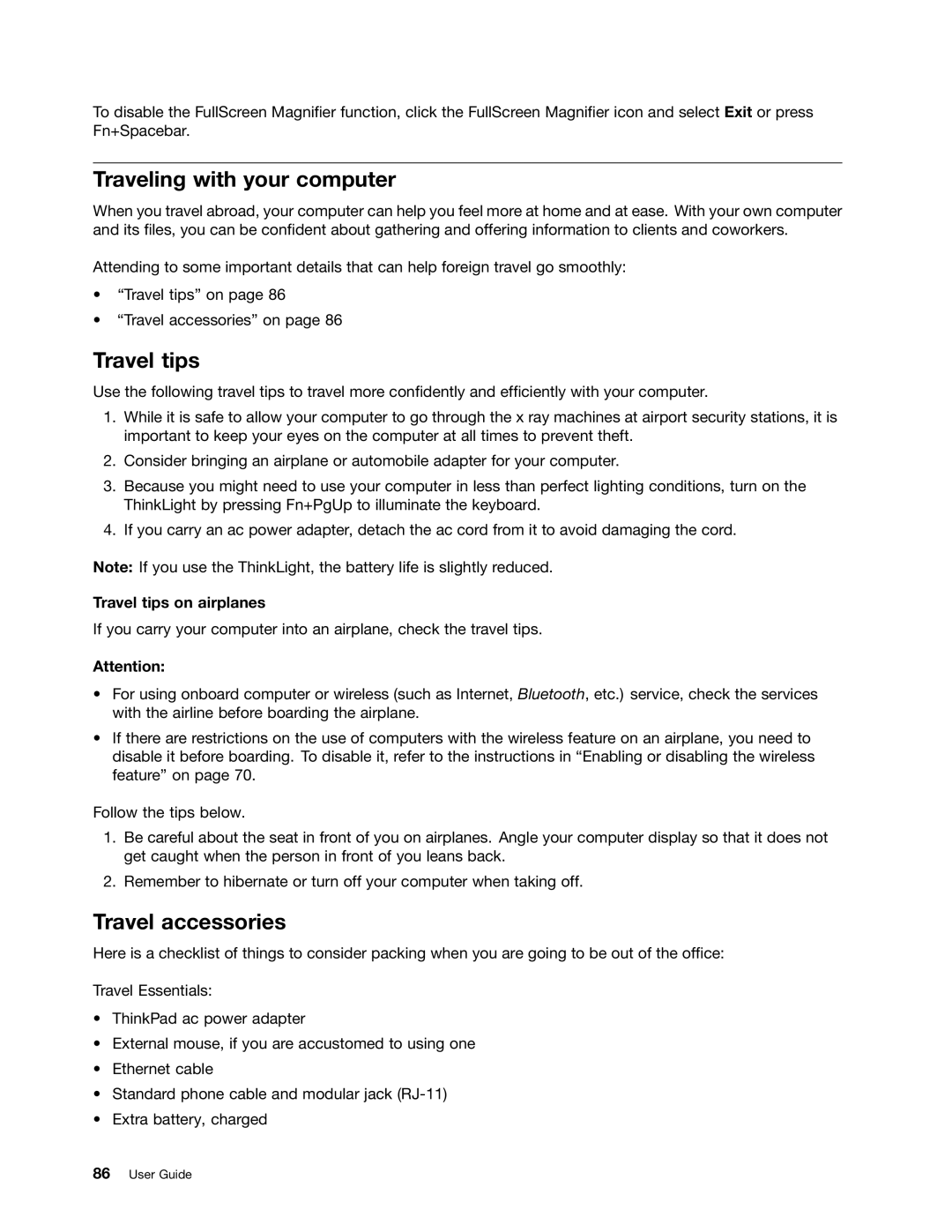 Lenovo 429040 manual Traveling with your computer, Travel accessories, Travel tips on airplanes 