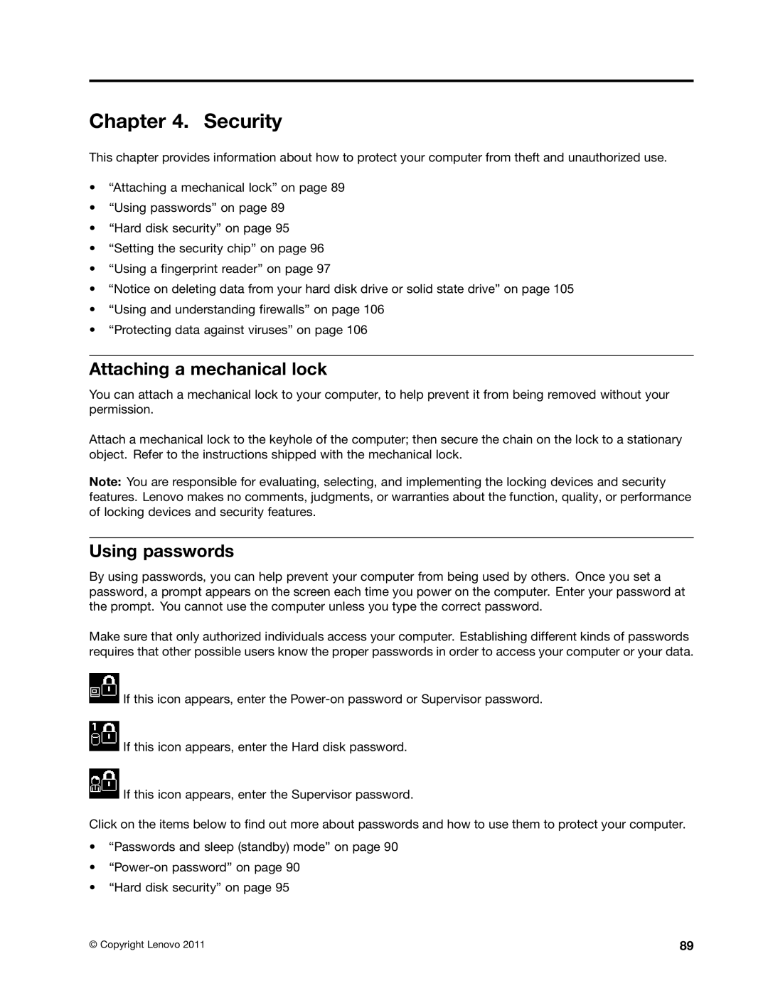 Lenovo 429040 manual Security, Attaching a mechanical lock, Using passwords 