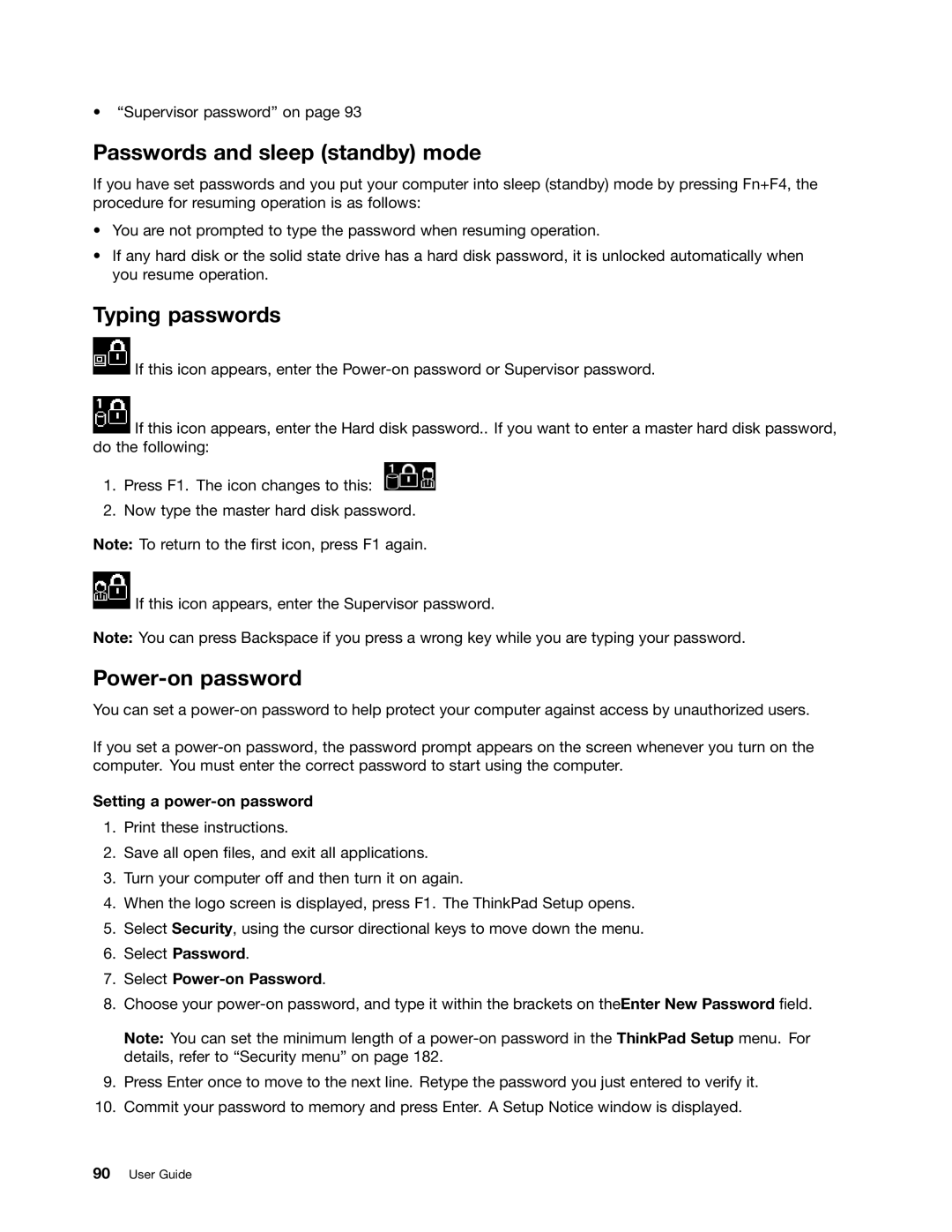 Lenovo 429040 manual Passwords and sleep standby mode, Typing passwords, Power-on password, Setting a power-on password 