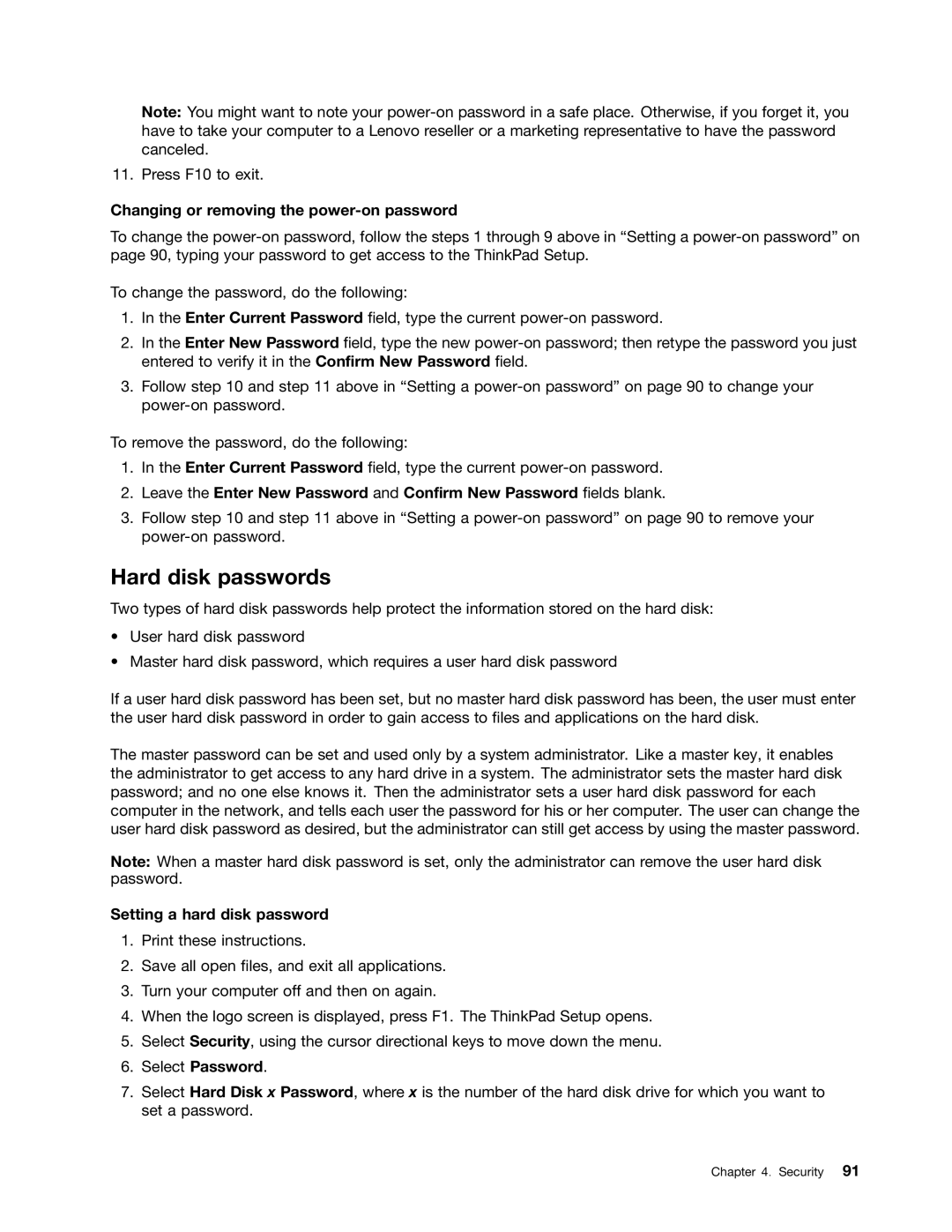Lenovo 429040 manual Hard disk passwords, Changing or removing the power-on password, Setting a hard disk password 