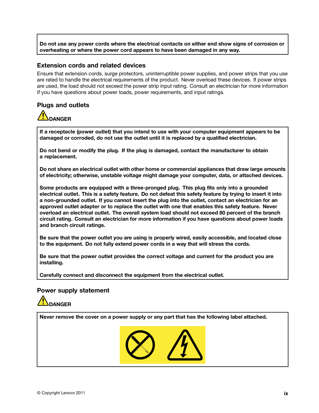 Lenovo 429040 manual Extension cords and related devices, Plugs and outlets, Power supply statement 