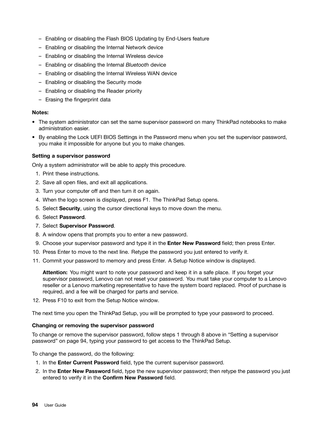 Lenovo 429040 Setting a supervisor password, Select Supervisor Password, Changing or removing the supervisor password 