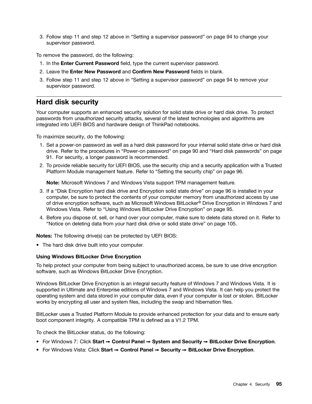 Lenovo 429040 manual Hard disk security, Using Windows BitLocker Drive Encryption 