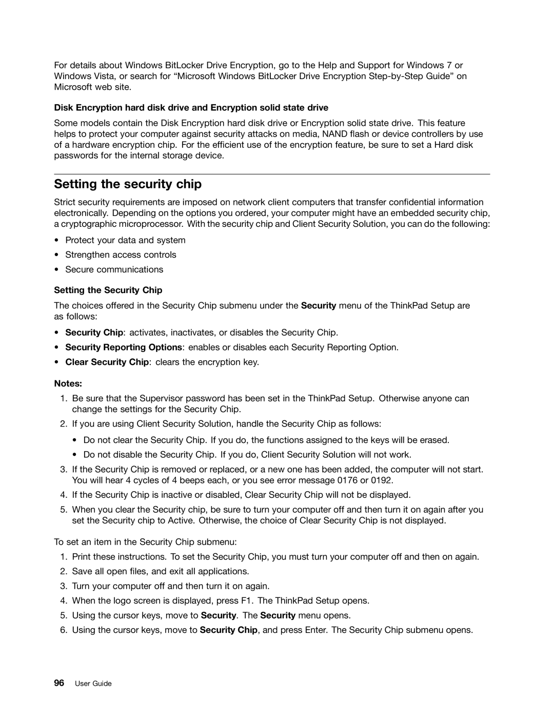 Lenovo 429040 manual Setting the security chip, Setting the Security Chip 