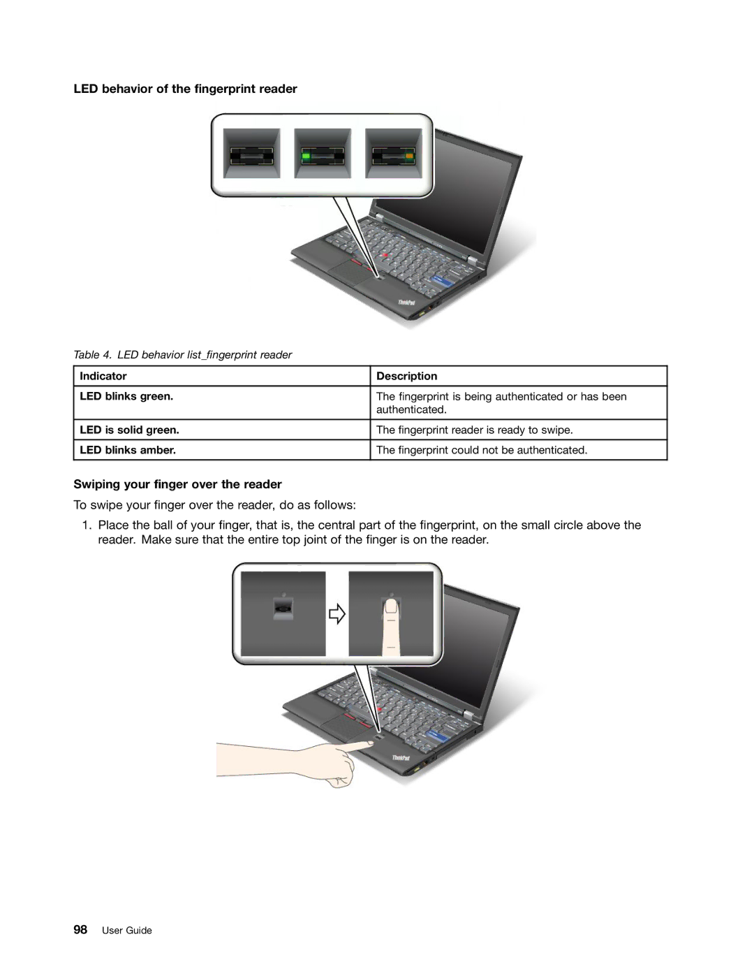 Lenovo 429040 manual LED behavior of the fingerprint reader, Swiping your finger over the reader 