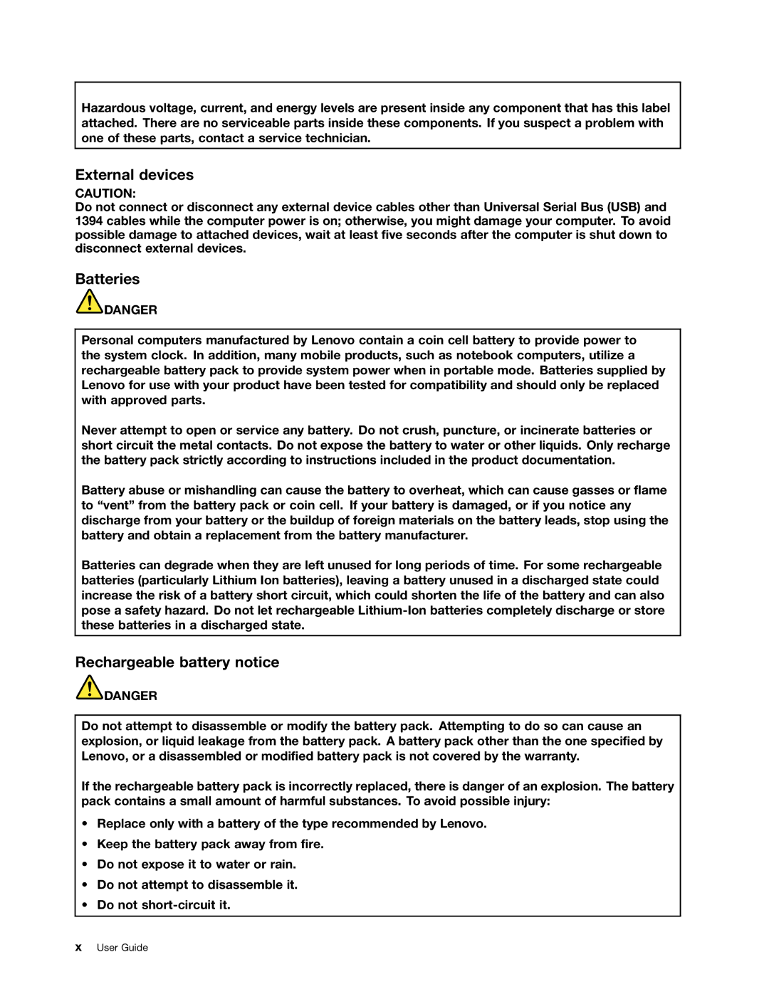 Lenovo 429040 manual External devices, Batteries, Rechargeable battery notice 