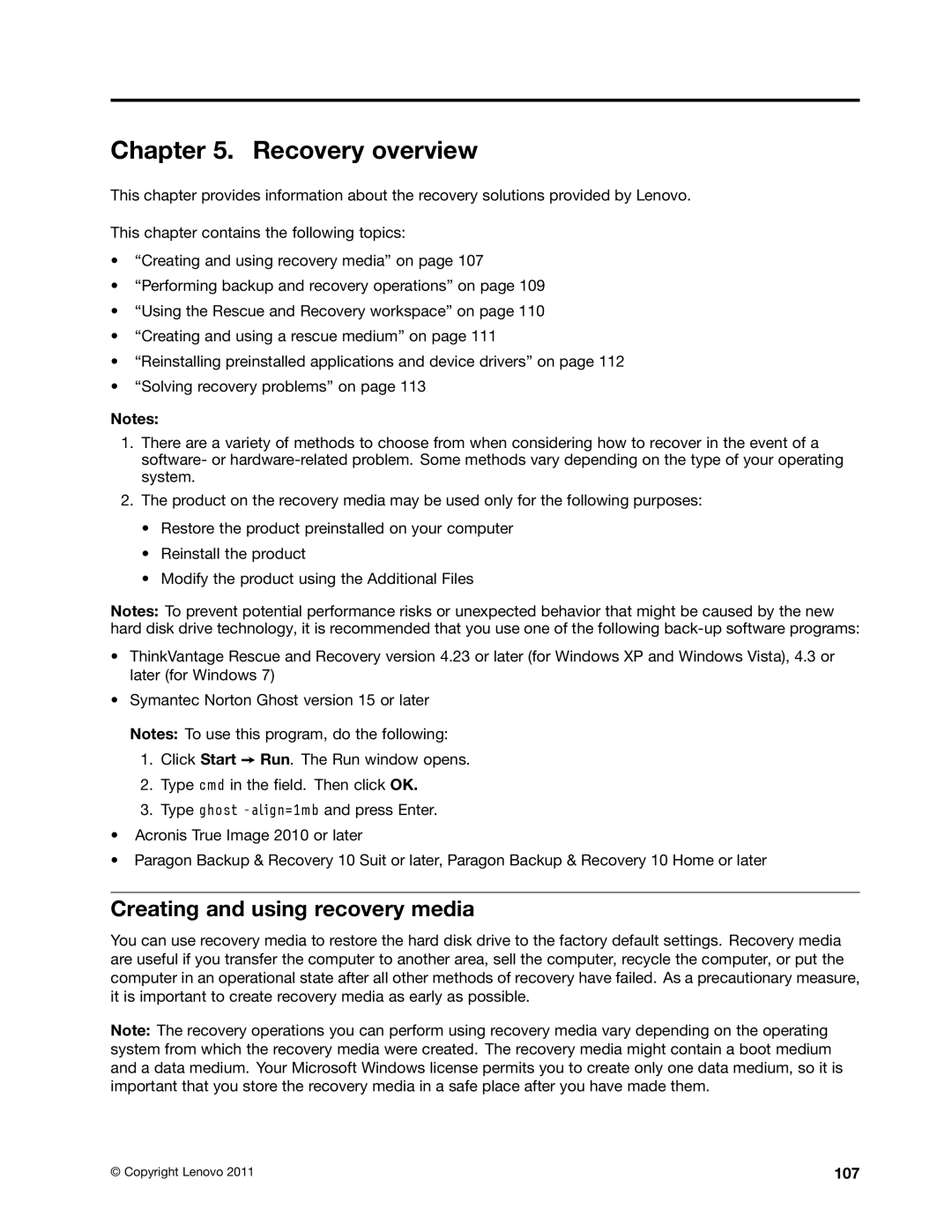 Lenovo 429040 manual Recovery overview, Creating and using recovery media, 107 