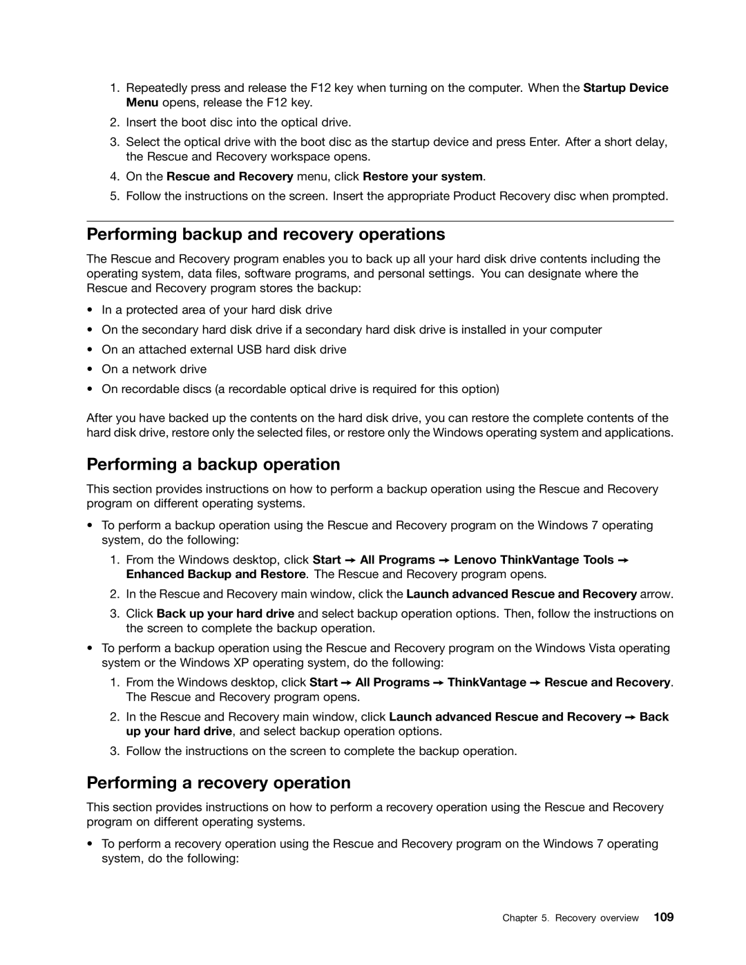 Lenovo 429040 Performing backup and recovery operations, Performing a backup operation, Performing a recovery operation 