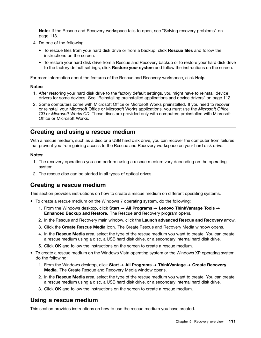 Lenovo 429040 manual Creating and using a rescue medium, Creating a rescue medium, Using a rescue medium 