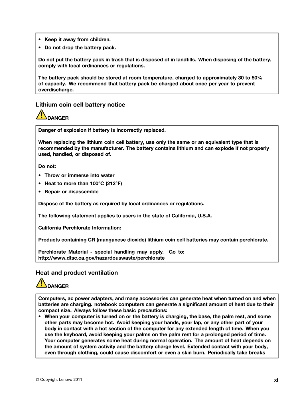 Lenovo 429040 manual Lithium coin cell battery notice, Heat and product ventilation 