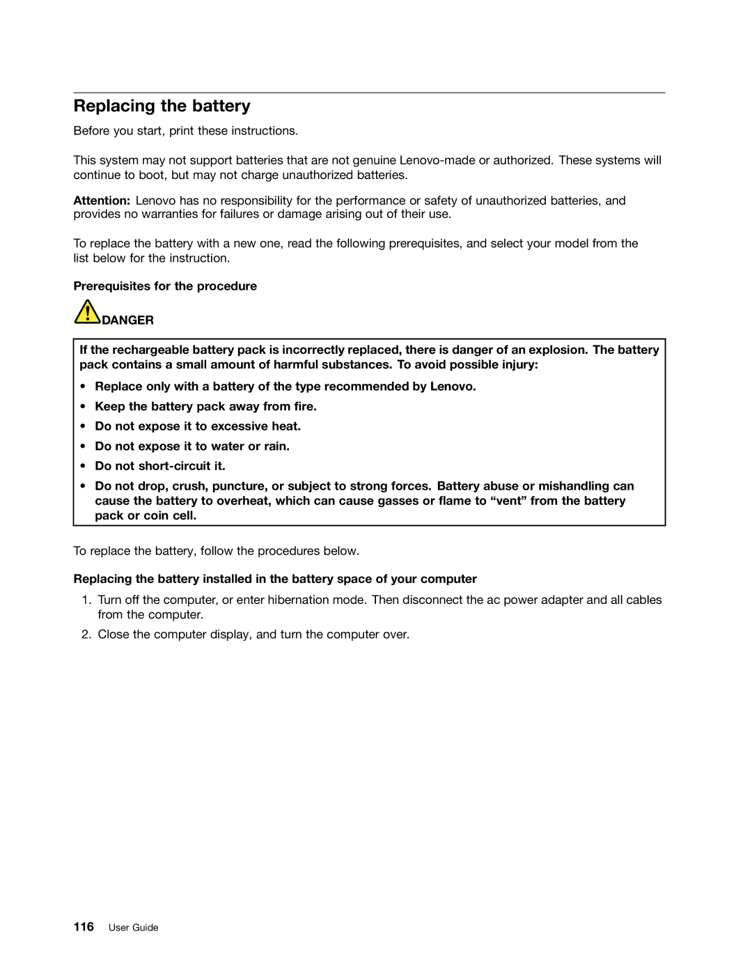 Lenovo 429040 manual Replacing the battery 