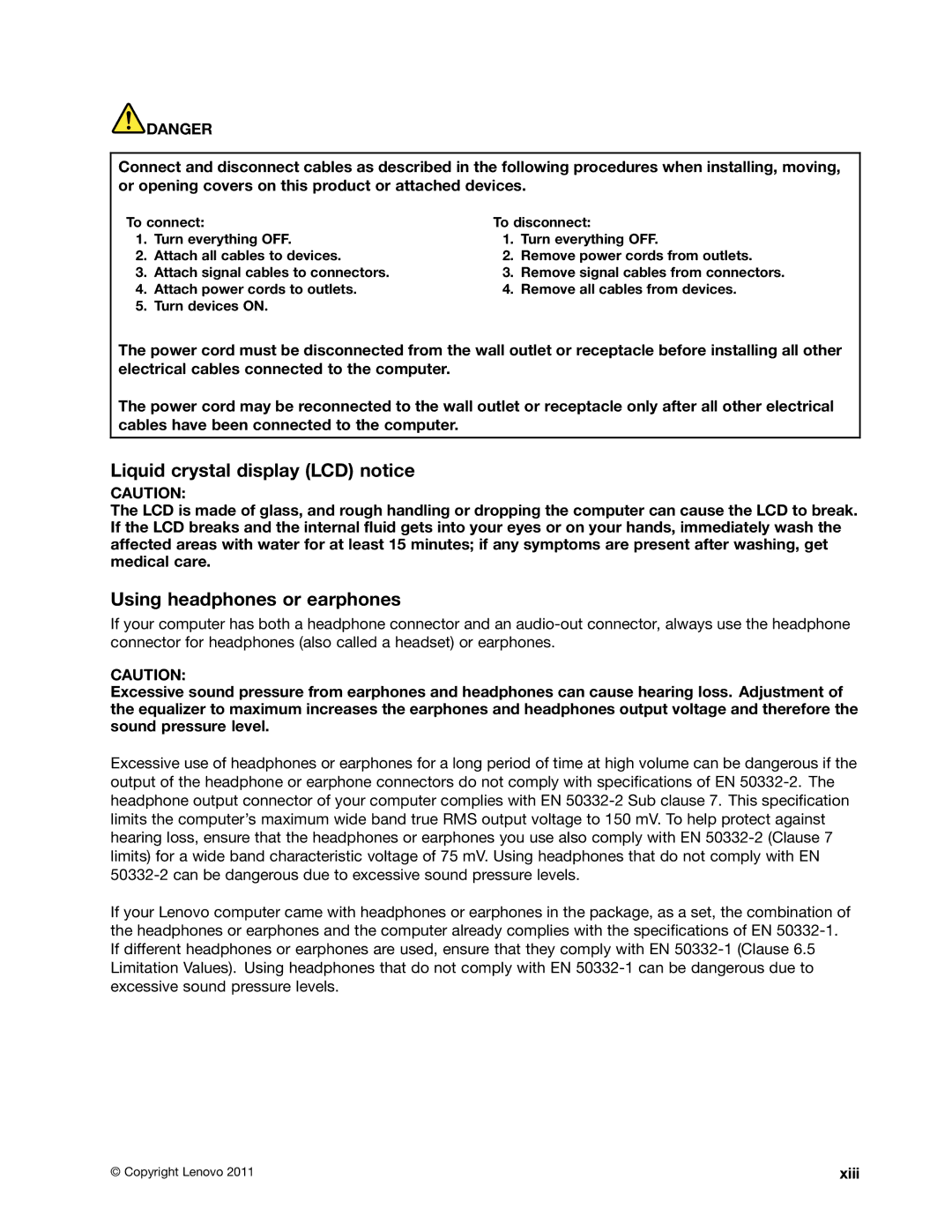 Lenovo 429040 manual Liquid crystal display LCD notice, Using headphones or earphones 