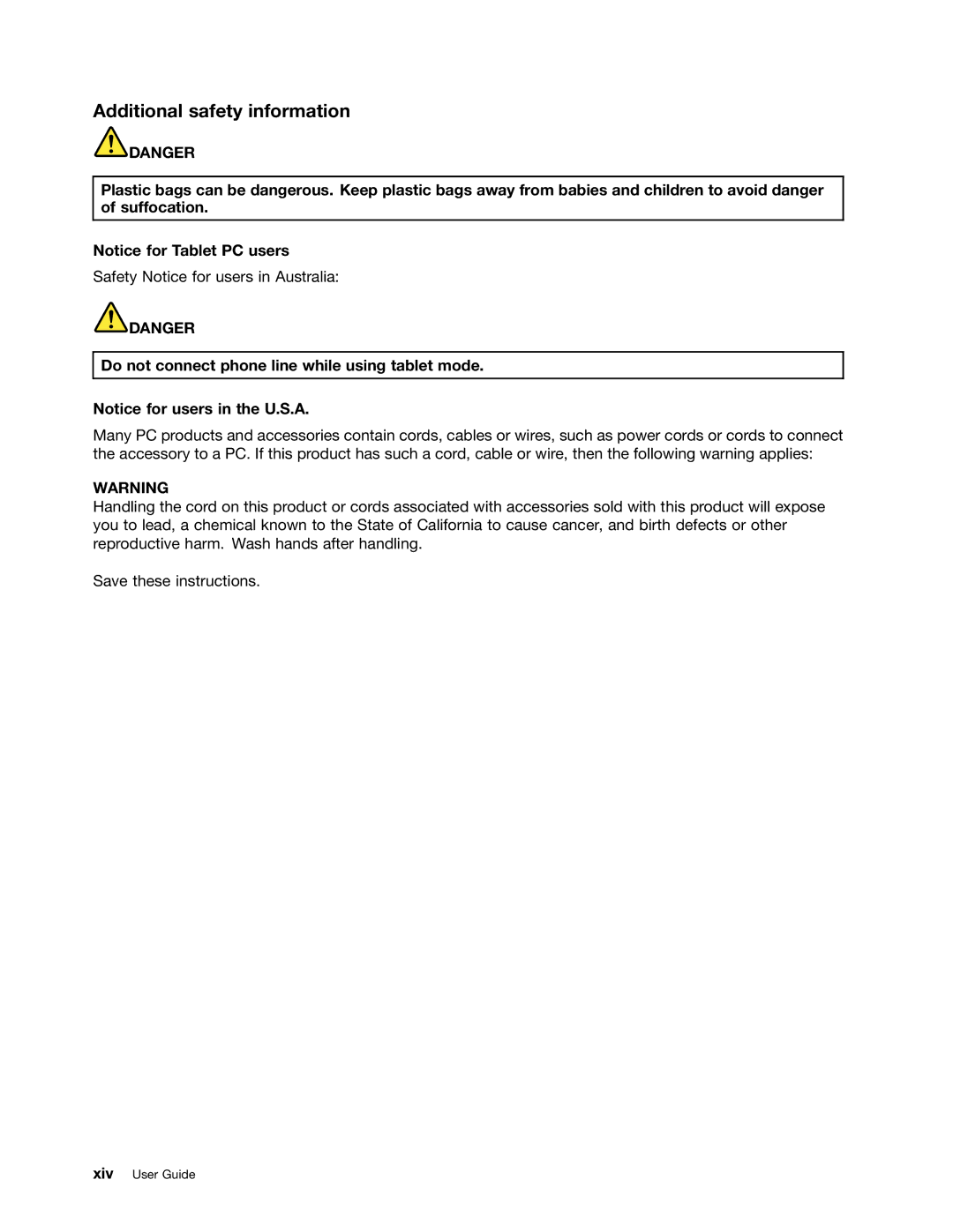 Lenovo 429040 manual Additional safety information, Do not connect phone line while using tablet mode 