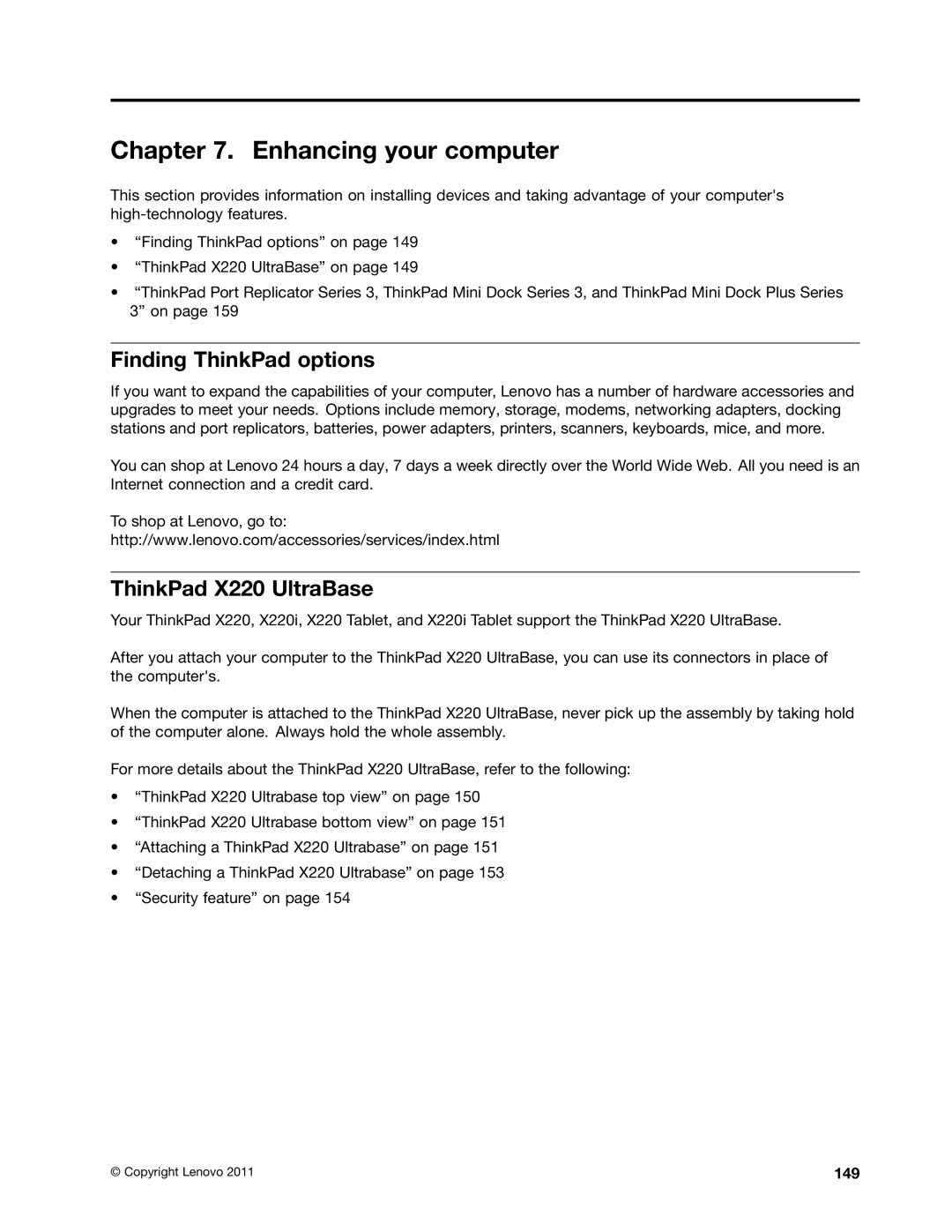 Lenovo 429040 manual Enhancing your computer, Finding ThinkPad options, ThinkPad X220 UltraBase, 149 