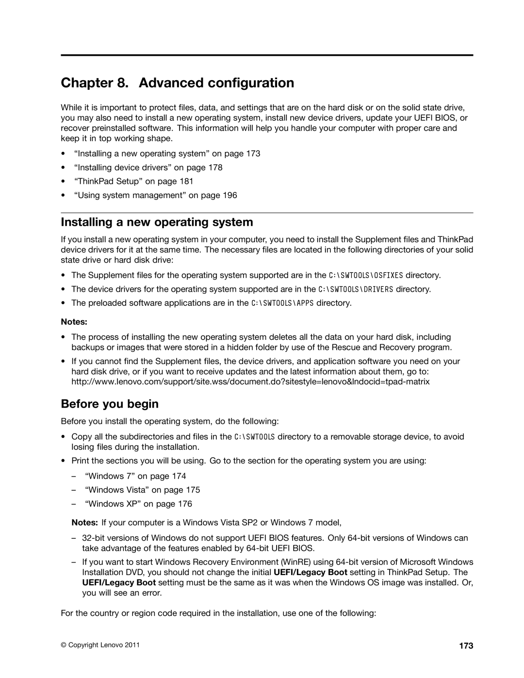 Lenovo 429040 manual Advanced configuration, Installing a new operating system, Before you begin, 173 