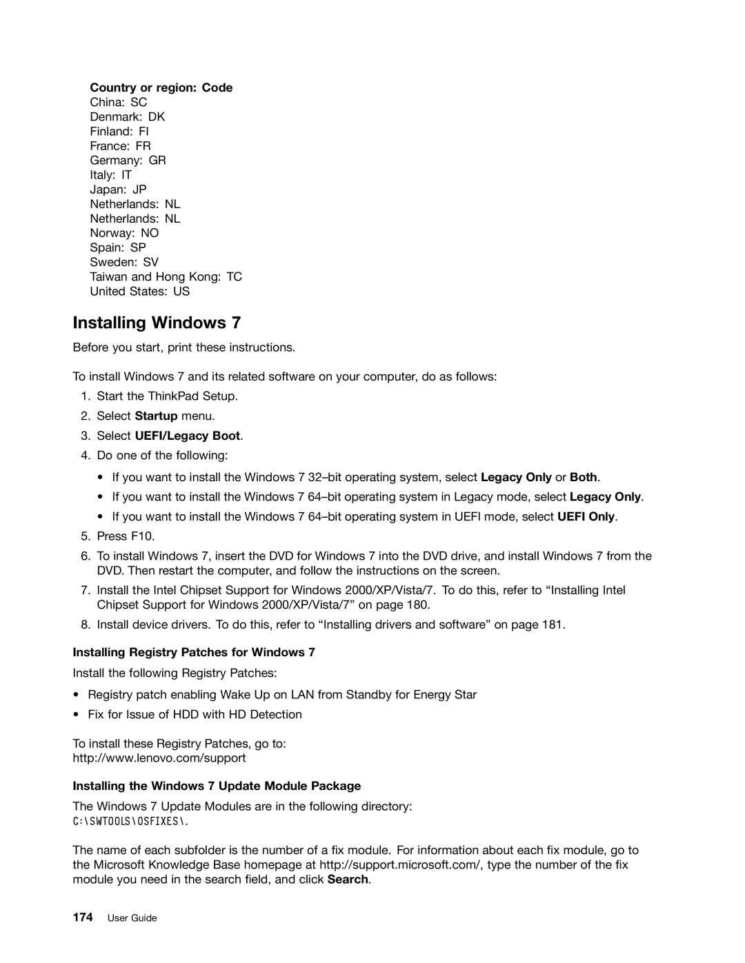 Lenovo 429040 Installing Windows, Country or region Code, Select UEFI/Legacy Boot, Installing Registry Patches for Windows 